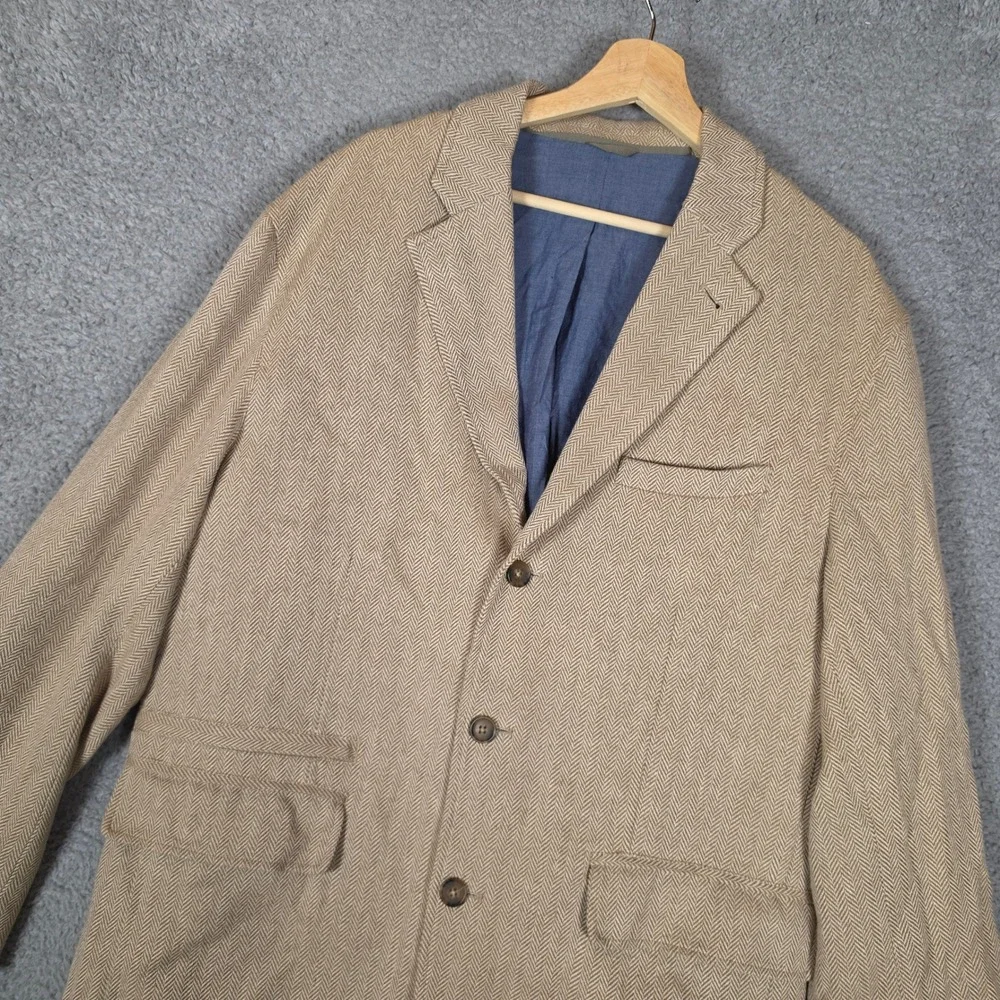 The Territory Ahead Blazer Mens 44 Tan Excellent Linen Blend Herringbone Patches